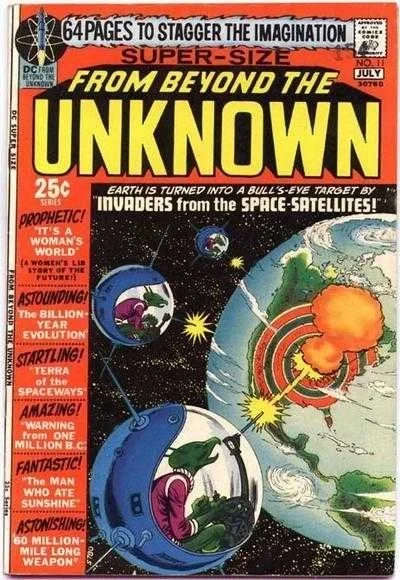 Cover of Invaders from the Space-Satellites!; It's a Woman's World; The Billion-Year Revolution; Terra of the Spaceways; The Man who Ate Sunshine; Warning from One Million B.C.; Go Million-Mile Long Weapon