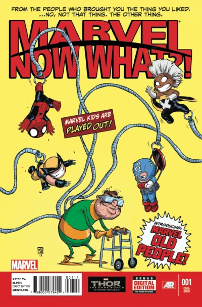 Cover of Now What?!; Marvelpocalypse Now!; The Puppet's Master!; X The Academy or School of Hard X; One for the Team; Cap-Fished; From Asgard with Love; Ladies Who Brunch; Who Watches The Watcher?; Intervention; The Ego-Stroking End!