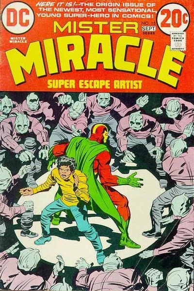 Cover of Mister Miracle Super Escape Artist Chapter One; The Secret Gun! Chapter Two; Lightning Action and Battle Thunder Chapter Three; The Real Big Barda Chapter Four