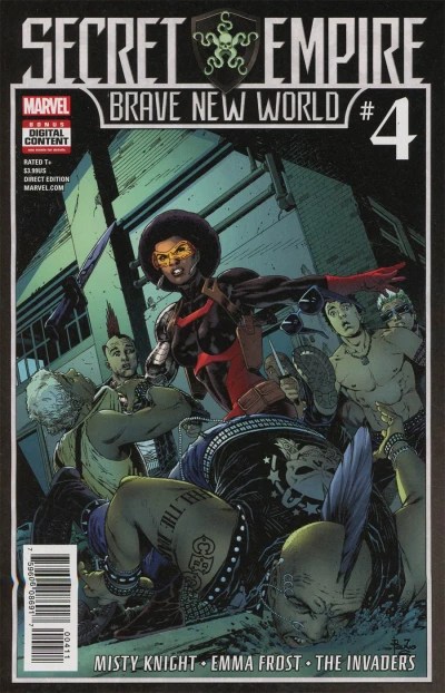 Cover of Misty Knight in "The First Place You Look;" Emma Frost in "All The World's A Stage;" The Invaders in "Sanctuary" Part 4