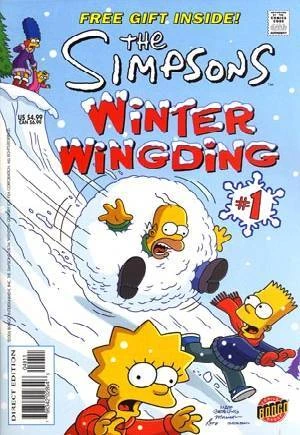 Cover of Springfield's Letters to Santa; Angry Dad by Bart Simpson; Hot Cider in the City; Homer's New Year's Resolutions; Itchy & Scratchy in The Gift That Keeps on Giving; The Gift of the Maccabees; Snow Falling on Cheaters; Simpsons Picture Frame