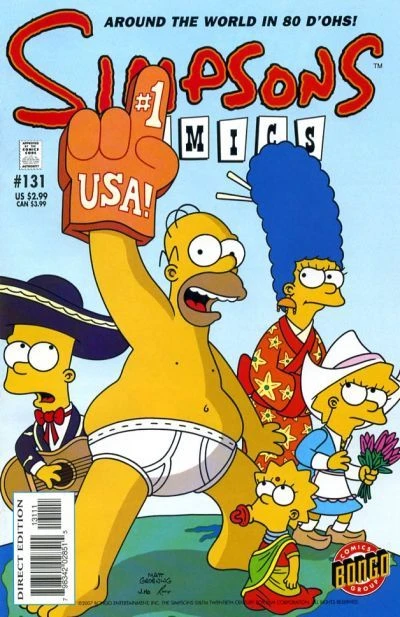 Cover of The Simpsons Comics Internationale!; Too Crazy, Juvenile Prankster, Bartomu!; Les Schtroumphsons; The Waffleman Affair; Los Simpsons in Pardon My Border